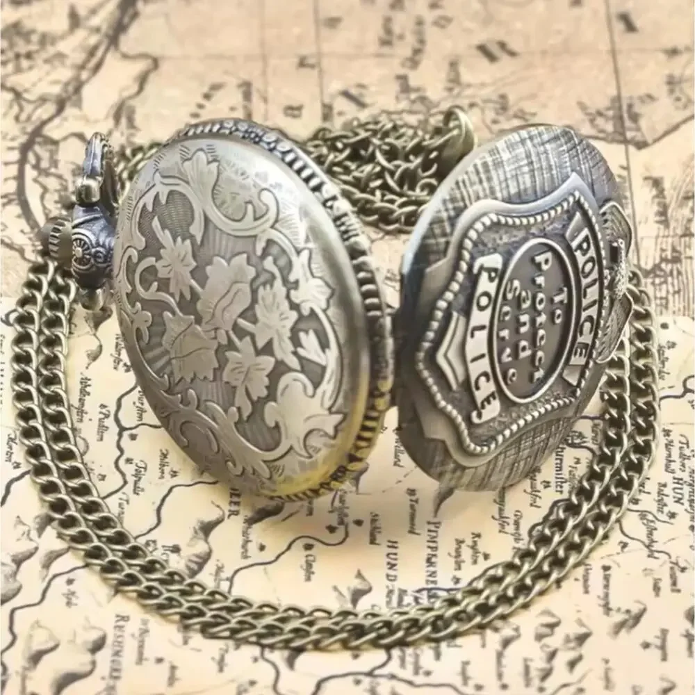 Police Badge Gold Pocket Watch Men's Valentine's Birthday Vintage Fashion Gift